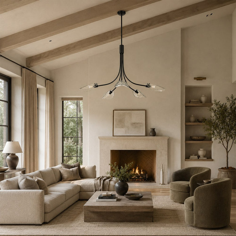Large Five-Light Leaf Glass Chandelier in Matte Black - interior setting