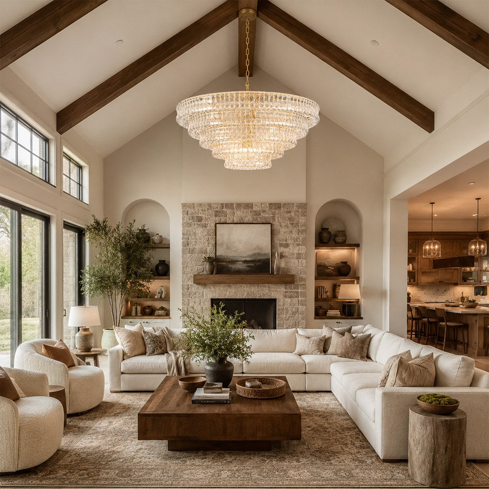 Large sculpted glass drum chandelier shown in a refined dining room