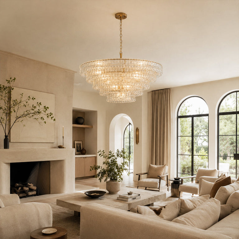 Clear glass chandelier room scene.