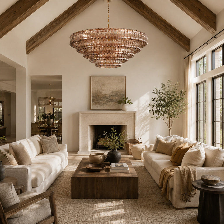 Amber glass chandelier room scene.