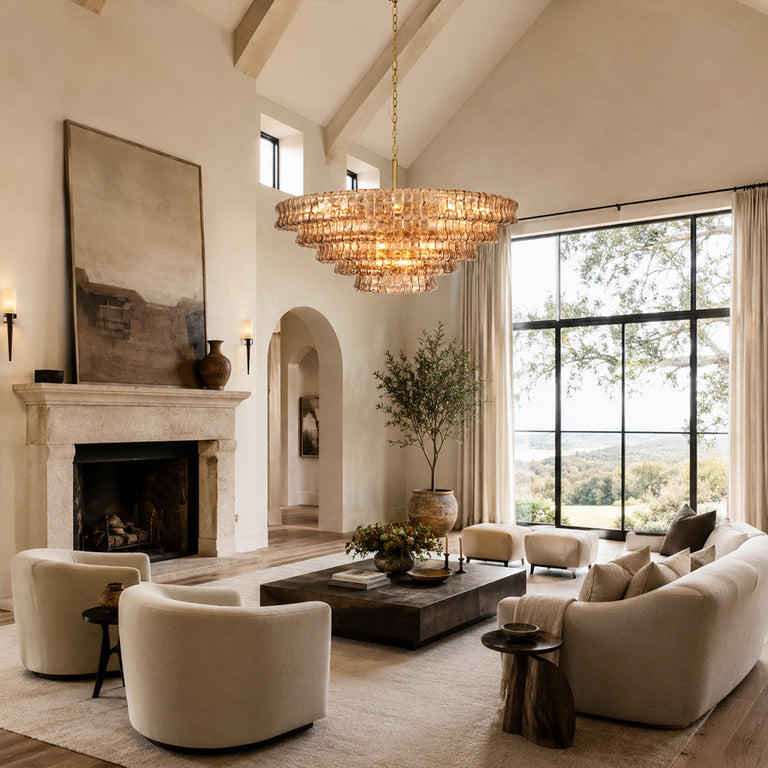 Amber glass chandelier room scene.