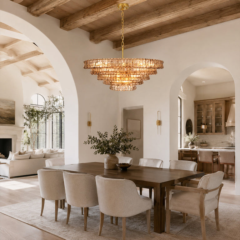 Amber glass chandelier room scene.