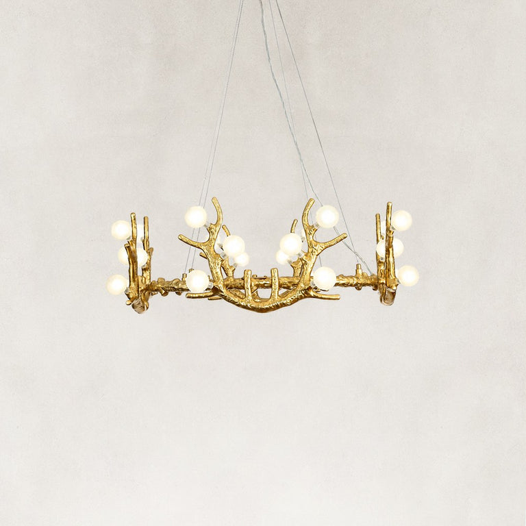 Large Sculptural Antler Globe Ring Chandelier in Hand-finished antique gold - alternate angle