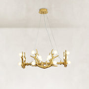 Large Sculptural Antler Globe Ring Chandelier in Hand-finished antique gold - complete fixture