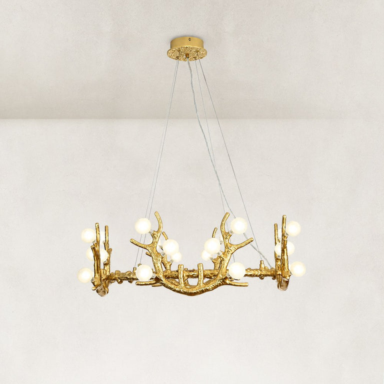 Large Sculptural Antler Globe Ring Chandelier in Hand-finished antique gold - complete fixture