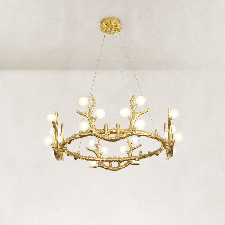 Large Sculptural Antler Globe Ring Chandelier in Hand-finished antique gold - material detail
