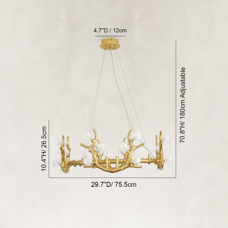 Large Sculptural Antler Globe Ring Chandelier in Hand-finished antique gold - dimension diagram