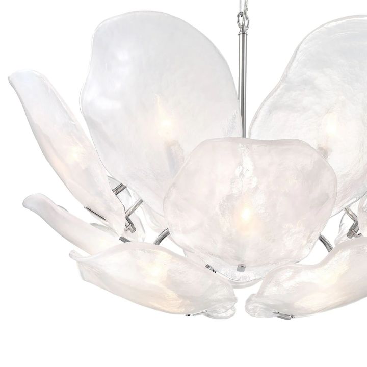 Close-up of white glass petals and silver-tone frame details.