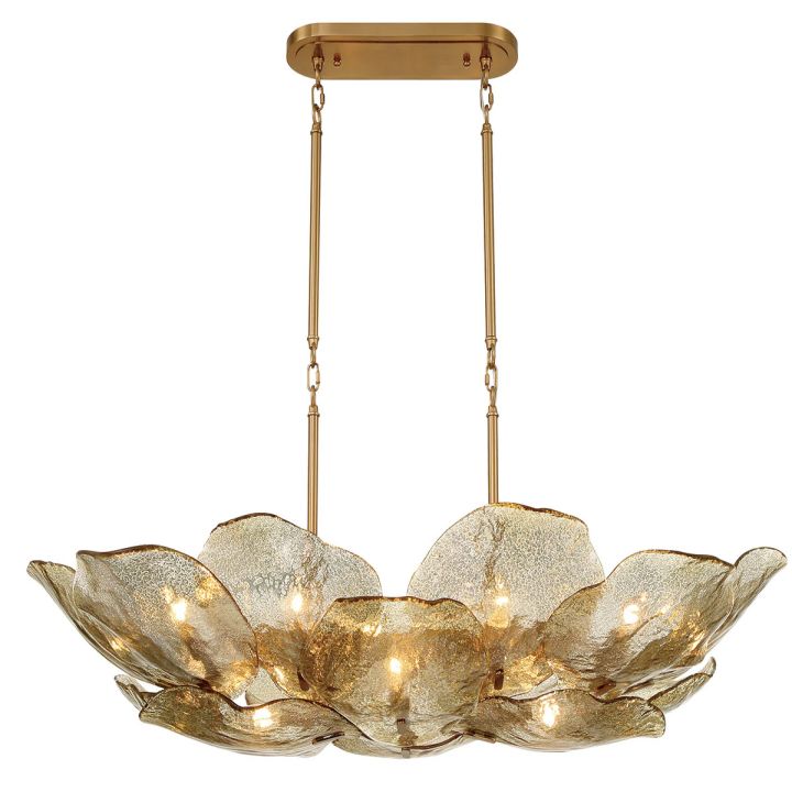 Elongated gold glass petal chandelier with a rectangular canopy.