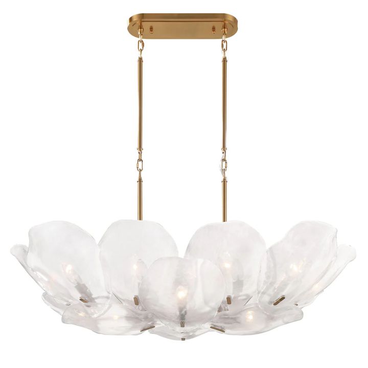 Elongated white glass petal chandelier with a brass-tone rectangular canopy.