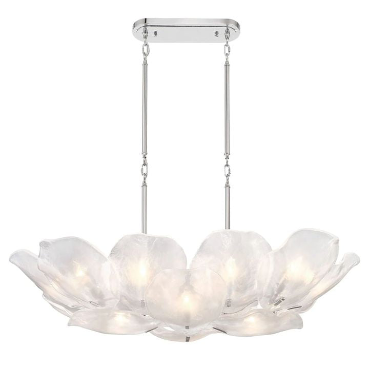 Elongated white glass petal chandelier with a silver-tone rectangular canopy.