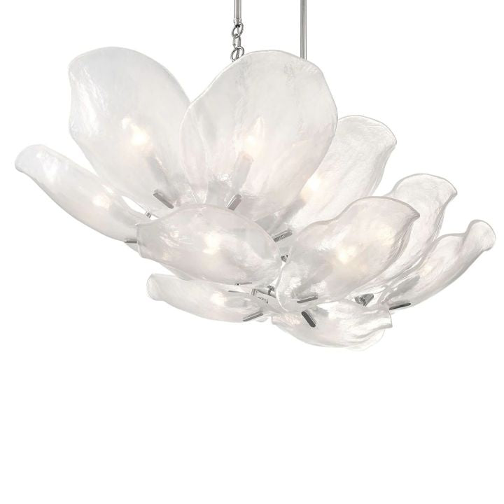 Elongated white glass petal chandelier with silver-tone details seen at an angle.