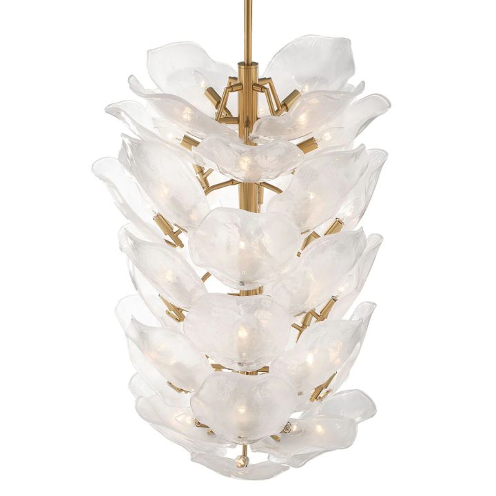 Layered white glass petals surrounding a brass-tone central frame.