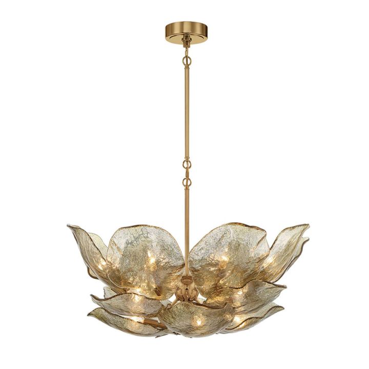 Round layered gold glass petal chandelier against a white background.