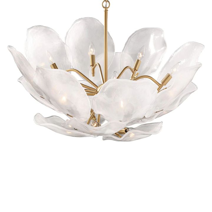 Round white glass petal chandelier seen from below at an angle.