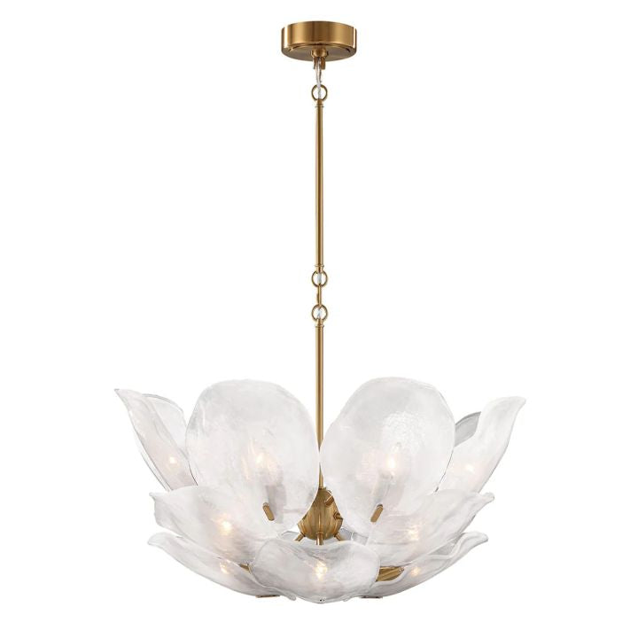 Round white glass petal chandelier with brass-tone suspension.
