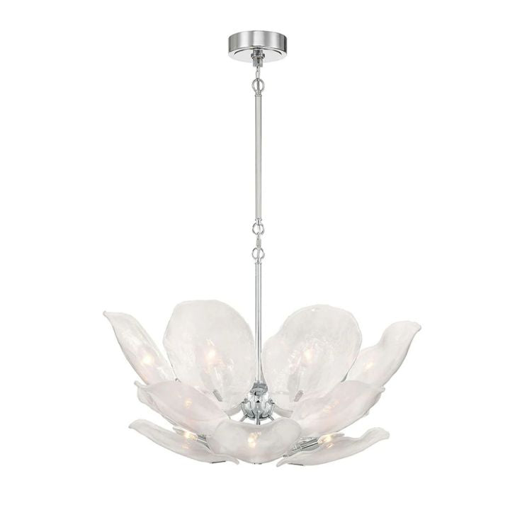 Round white glass petal chandelier with silver-tone suspension.