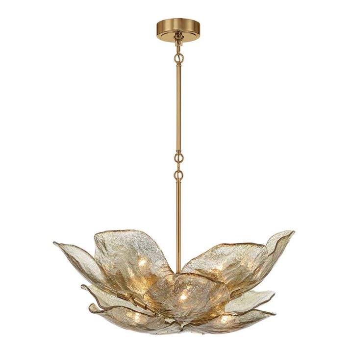 Shallow gold glass petal chandelier with a brass-tone suspension against a white background.
