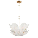 Shallow white glass petal chandelier with brass-tone suspension.