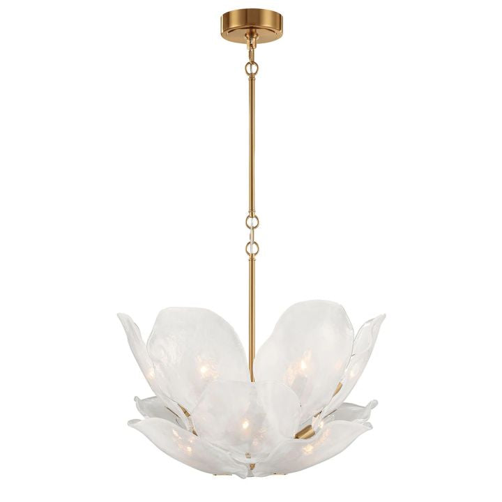 Shallow white glass petal chandelier with brass-tone suspension.
