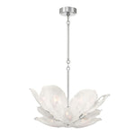 Shallow white glass petal chandelier with silver-tone suspension.