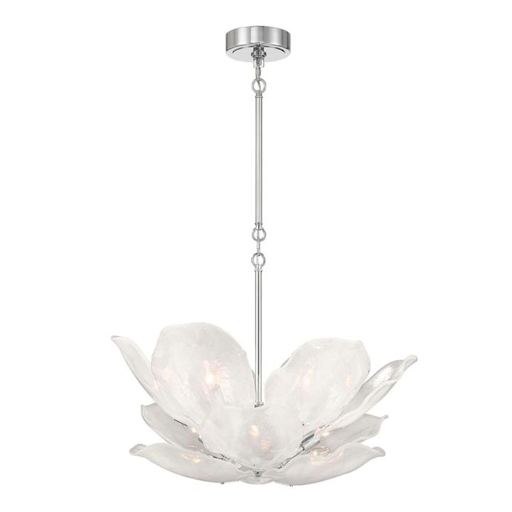 Shallow white glass petal chandelier with silver-tone suspension.