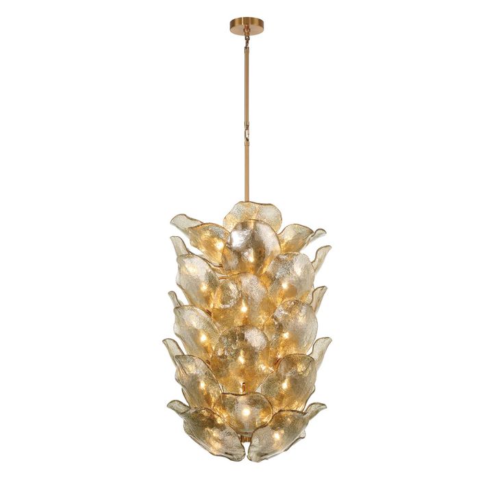 Tall gold glass petal chandelier with its suspension and canopy.