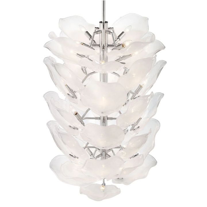 Tall white glass petal chandelier seen from below at an angle.