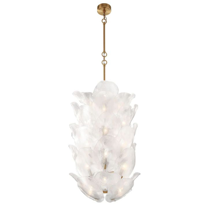 Tall white glass petal chandelier with brass-tone suspension.