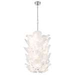 Tall white glass petal chandelier with silver-tone suspension.