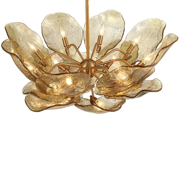 Underside of a round gold glass petal chandelier.