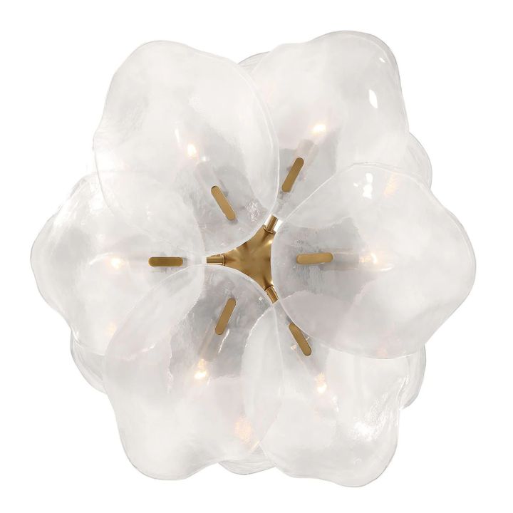 White glass petal arrangement with a brass-tone center seen from below.