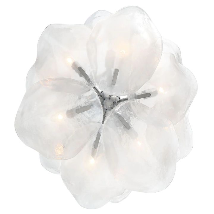 White glass petal arrangement with a silver-tone center seen from below.
