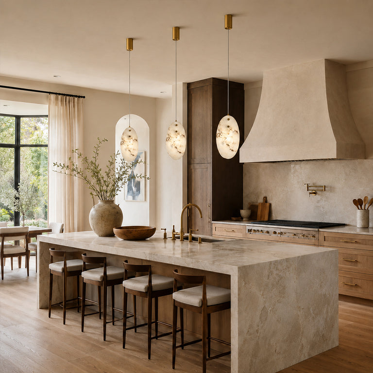Layered Ivory Marble Disc Pendant installed above a dining table