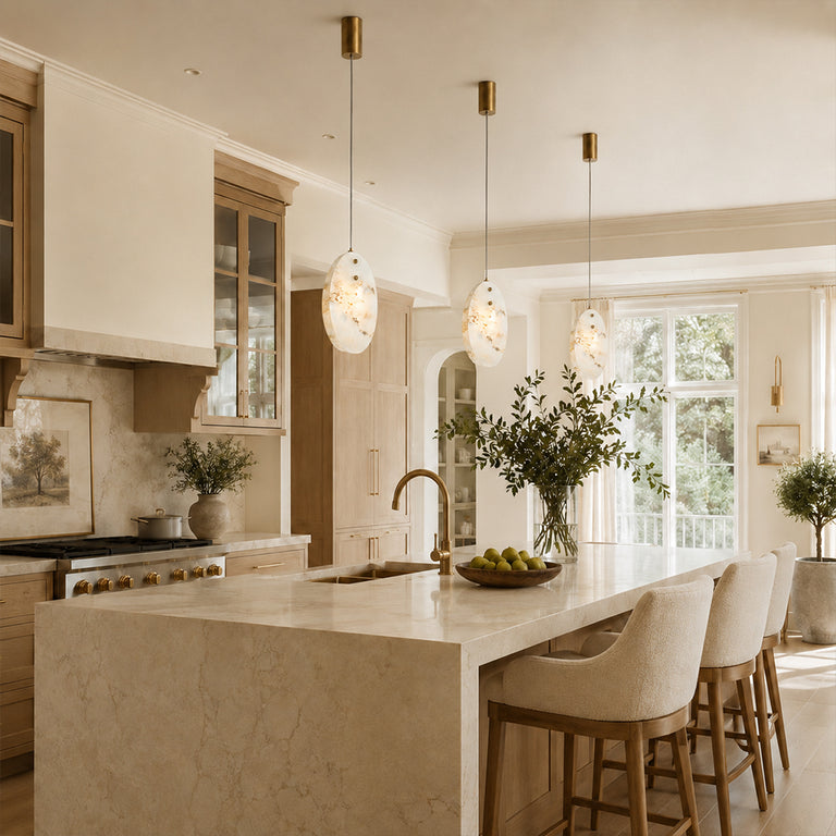 Layered Ivory Marble Disc Pendant installed above a kitchen island