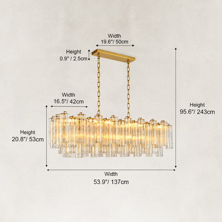 Dimension drawing of the layered linear glass chandelier and its suspension.