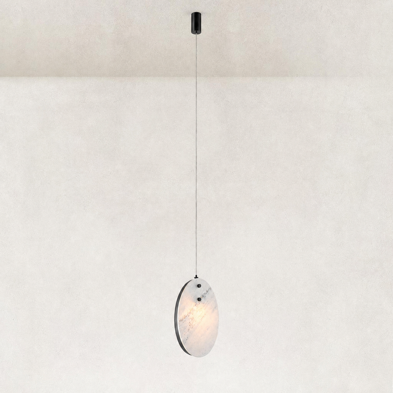 Layered White Marble Disc Pendant 13.8" in Black finish shown in full against a neutral background