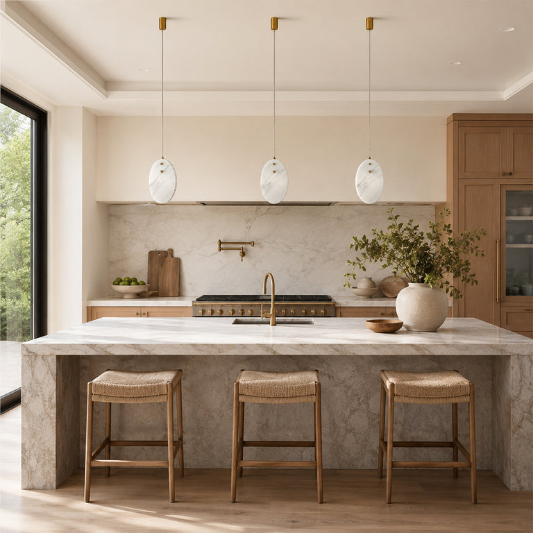 Layered White Marble Disc Pendant installed above a kitchen island