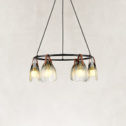 Leather-Suspended Ribbed Glass Chandelier in Brown leather and matte black - alternate angle