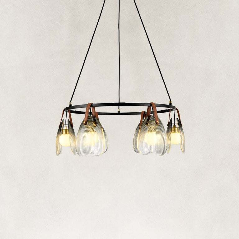Leather-Suspended Ribbed Glass Chandelier in Brown leather and matte black - alternate angle