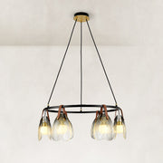 Leather-Suspended Ribbed Glass Chandelier in Brown leather and matte black - complete fixture