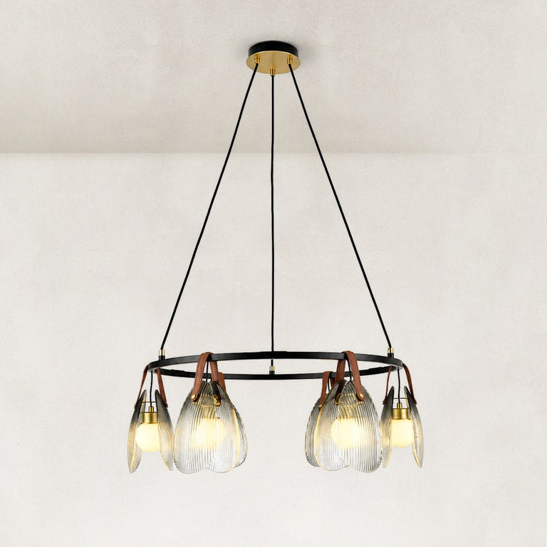 Leather-Suspended Ribbed Glass Chandelier in Brown leather and matte black - complete fixture