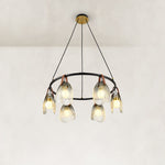 Leather-Suspended Ribbed Glass Chandelier in Brown leather and matte black - material detail