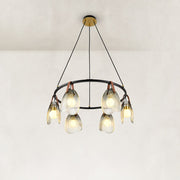 Leather-Suspended Ribbed Glass Chandelier in Brown leather and matte black - material detail