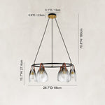 Leather-Suspended Ribbed Glass Chandelier in Brown leather and matte black - dimension diagram