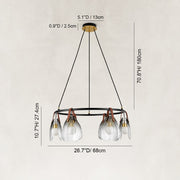Leather-Suspended Ribbed Glass Chandelier in Brown leather and matte black - dimension diagram