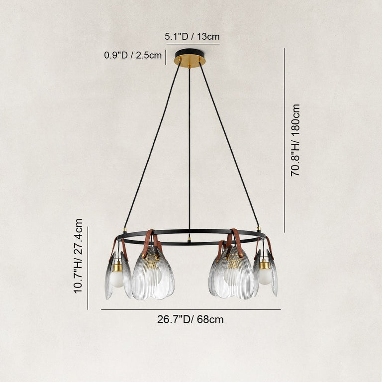 Leather-Suspended Ribbed Glass Chandelier in Brown leather and matte black - dimension diagram