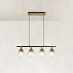 Leather-Suspended Ribbed Glass Linear Chandelier in Brown leather and matte black - complete fixture