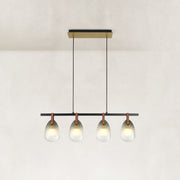 Leather-Suspended Ribbed Glass Linear Chandelier in Brown leather and matte black - complete fixture
