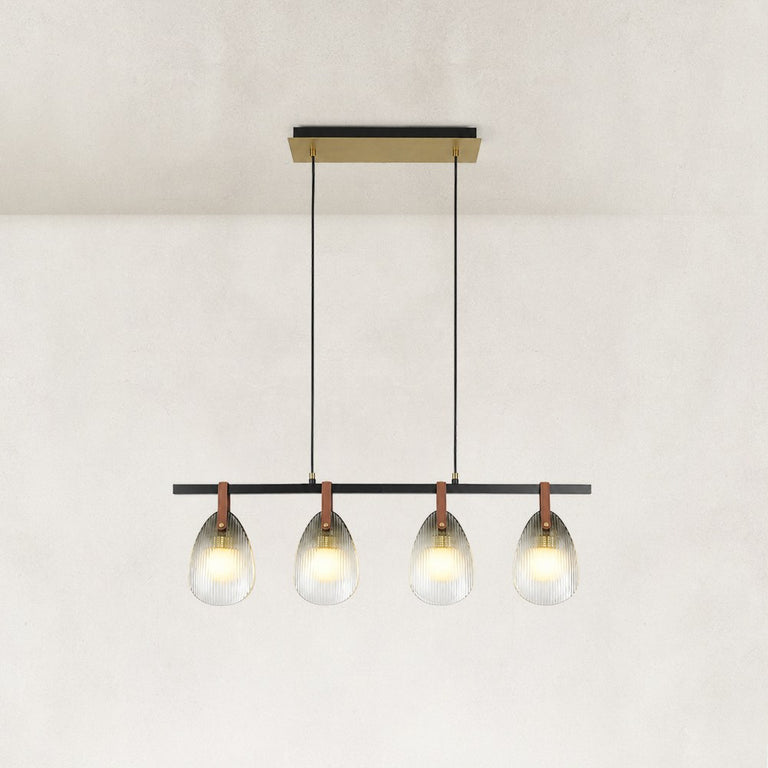 Leather-Suspended Ribbed Glass Linear Chandelier in Brown leather and matte black - complete fixture